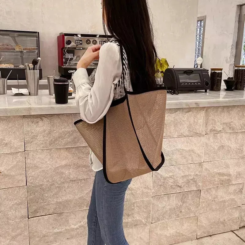 Bolsa de malha de grande capacidade feminina, pacote viagem praia, bolsa de ombro única, bolsa feminina, design Hollow Out, moda