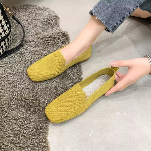 Cor sólida dedo do pé quadrado malha mocassins rasos mulheres apartamentos sapatos de fundo macio malha ballet apartamentos sapatos casuais deslizamento em sapatos de barco