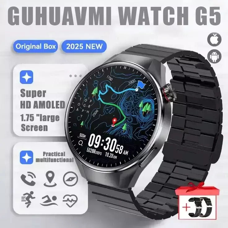 2025 novo relógio original g5 plus relógio inteligente 1.75 "hd tela amoled gps pista freqüência cardíaca bluetooth chamada bússola smartwatch para homem