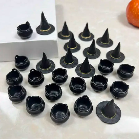 10 pçs halloween bruxa chapéu decorações chapéus em miniatura caldeirão potes chaleira ornamento festa de halloween decoração para casa diy artesanato