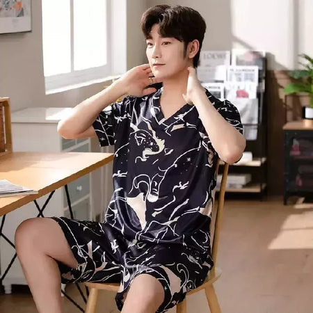 Conjunto de pijama de seda gelo manga curta masculino, pijama casual fino de simulação, tamanho grande, roupa para casa, verão, 2 peças