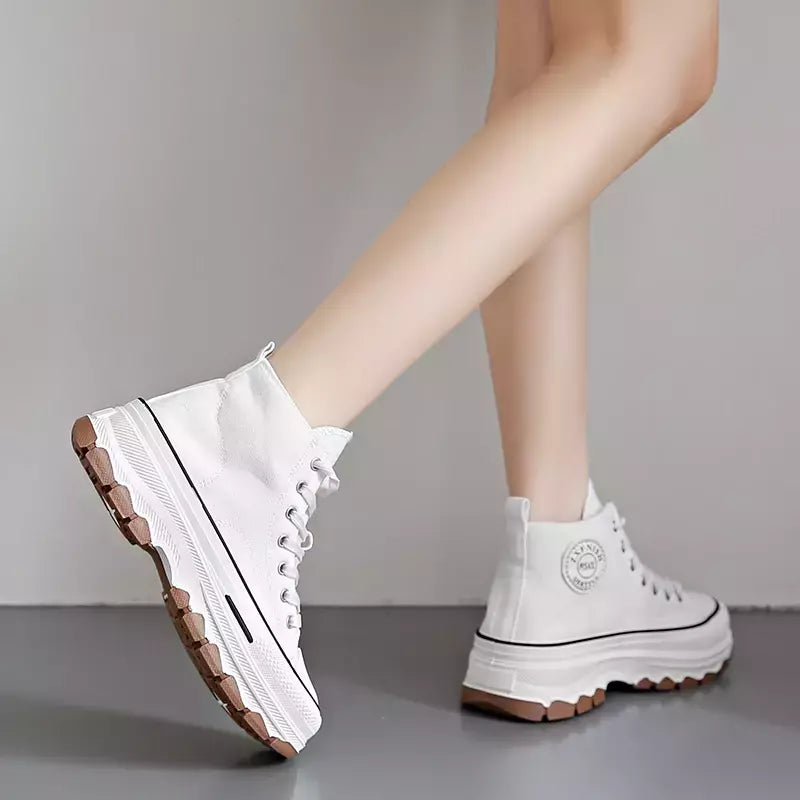 Tênis casual de cano alto para mulheres, com cordões, lona de altura da plataforma, antiderrapante, resistente ao desgaste, sapatos femininos vulcanizados, primavera, 2024
