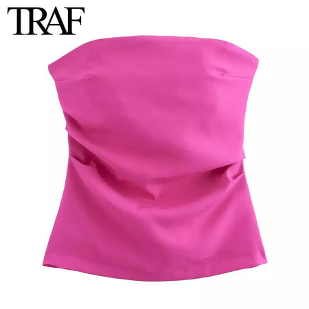 TRAF-Blusa sem mangas sem alças para mulheres, tops femininos, zíper traseiro, roupas de rua, tanque chique, moda verão, nova