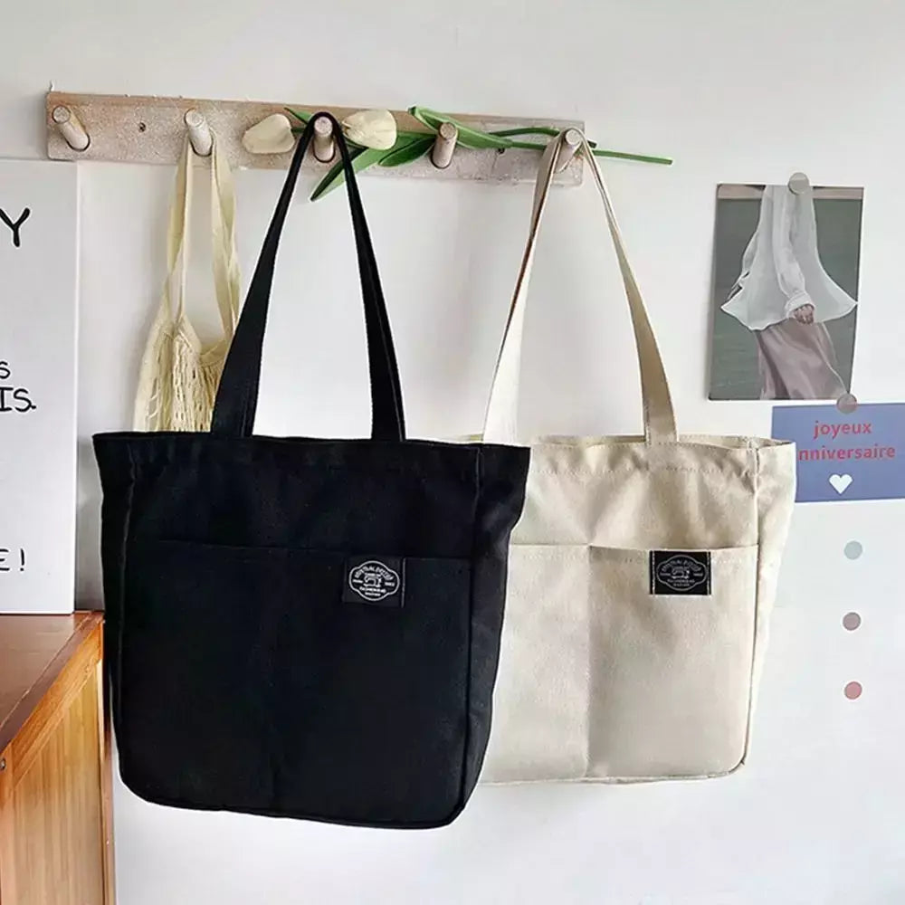 Sacola de lona monocromática para mulheres, designer, bolsa casual, bolsa de ombro, grande capacidade, algodão, reutilizável, praia, compras