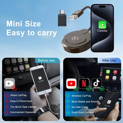 Adaptador sem fio Carplay com Youtube/Netflix/Tiktok, dongle USB Carplay sem fio para Carplay com fio de fábrica para Wireless