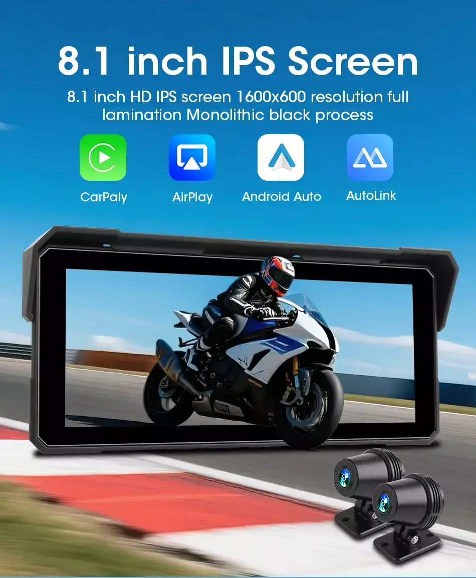 Jmcq portátil 8.1 polegada ip67 à prova dip67 água motocicleta 4k dvr navegação gps sem fio carplay android auto moto gravador monitor
