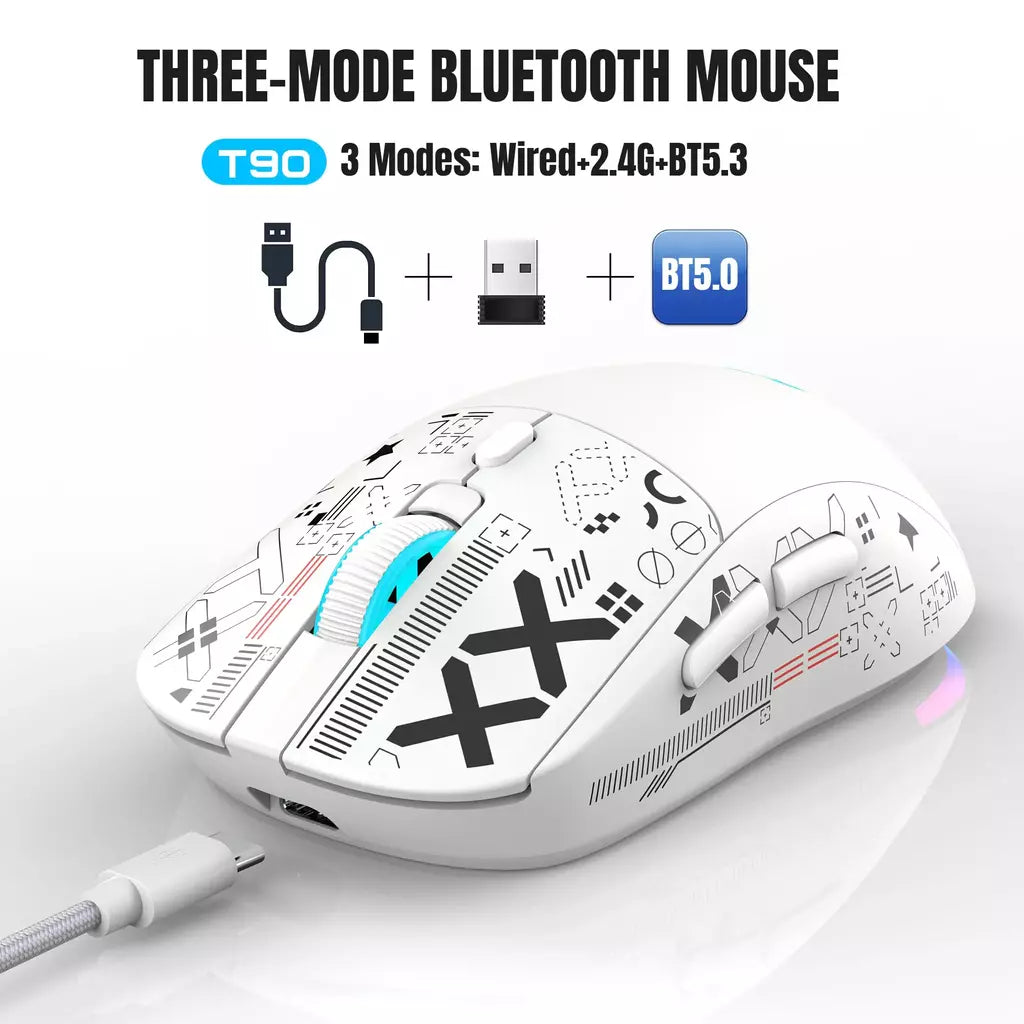 Mouse Bluetooth sem fio T90 RGB (BT1/BT2 + USB) Mouse sem fio Bluetooth silencioso recarregável de 2,4 GHz com adaptador tipo C