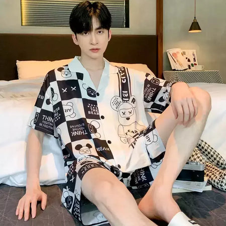 Pijama de seda gelo de duas peças masculino, shorts de manga curta, seção fina, estudante, terno homewear adolescente, verão, novo