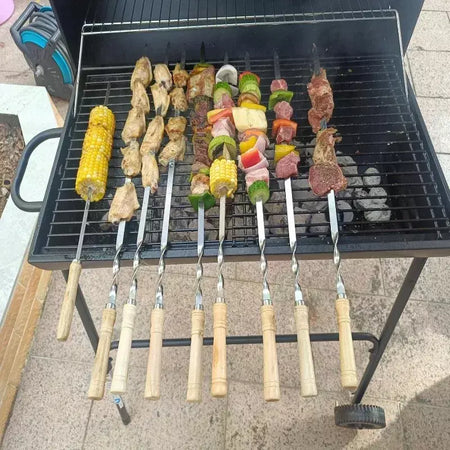 Espetos de churrasco de aço inoxidável alça longa 55cm alça de churrasco de madeira grande vara plana ao ar livre piquenique ferramentas de churrasco