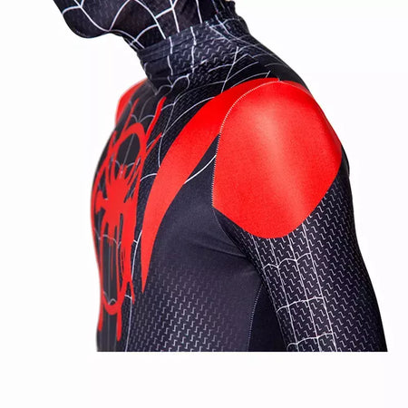 Crianças super-herói bodysuit milhas cosplay peter parker traje dos desenhos animados halloween conjunto com capuz traje de férias macacão com capuz separado