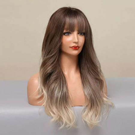 Louis ferre longo ombre loira perucas sintéticas com franja para mulheres onda natural penteado fibra resistente ao calor cosplay perucas marrons