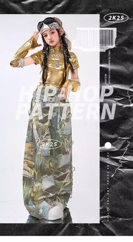 Girls Hip Hop Shiny Golden Crop Top Patchwork Jeans Pants Kids Streetwear Child Jazz Girl Group Costumes K-pop Retro Clothes Set