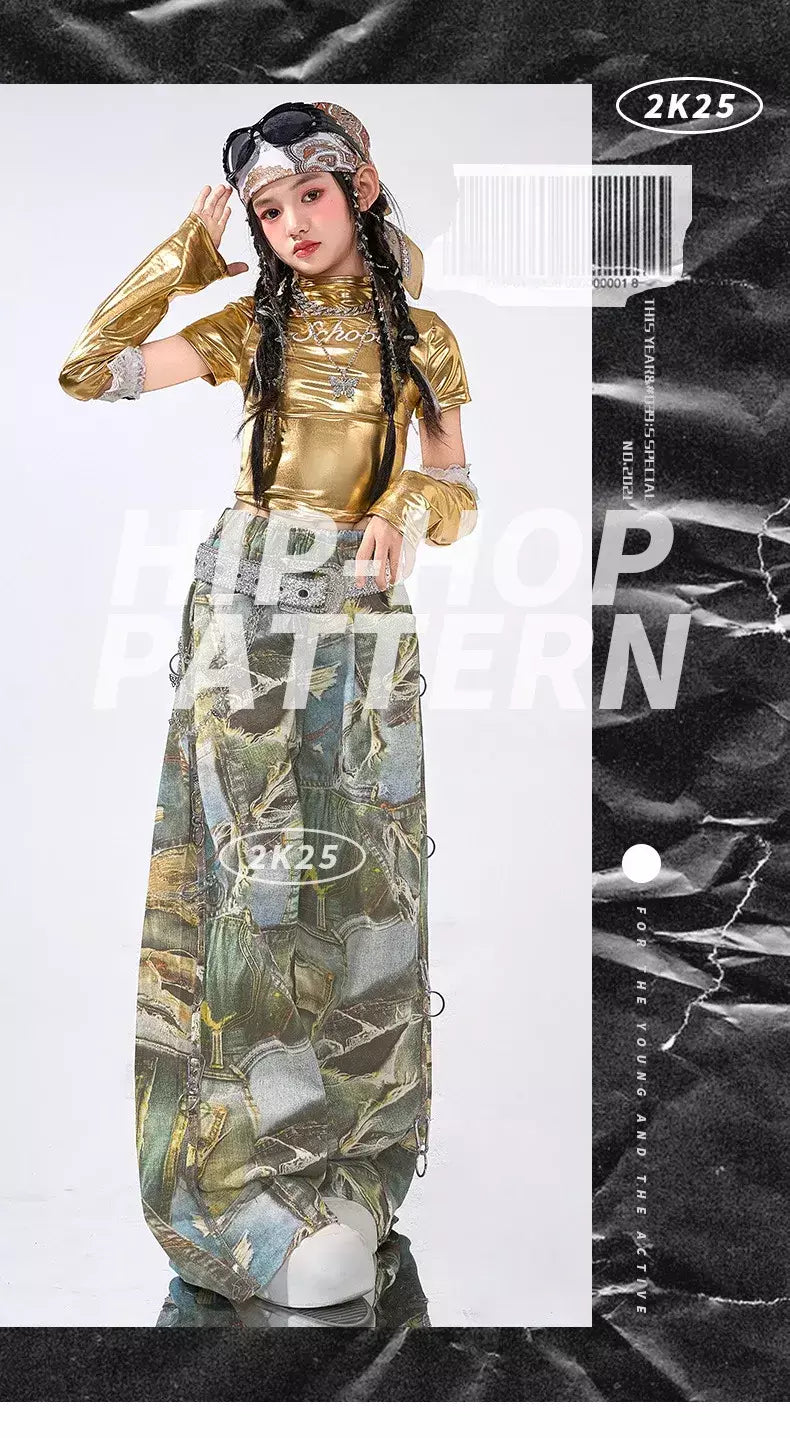 Girls Hip Hop Shiny Golden Crop Top Patchwork Jeans Pants Kids Streetwear Child Jazz Girl Group Costumes K-pop Retro Clothes Set