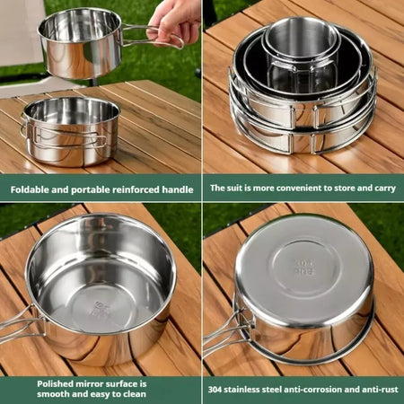 12 pçs conjunto de cozinha de acampamento de aventura panelas e frigideiras de acampamento conjunto de cozinha familiar não-tóxico 304 conjunto de utensílios de cozinha de aço inoxidável dobrável