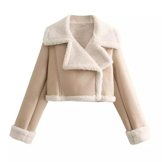 Jaqueta vintage de zíper frontal feminina, gola lapela, mangas compridas, roupas chiques femininas, monocromáticas, moda senhora