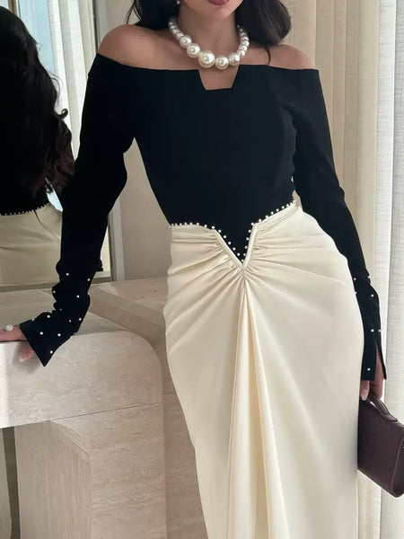 Temperamento vestido vestidos 2025 mulher vestido banquete contraste pérola retalhos pacote hip manga longa magro uma linha pescoço elegante