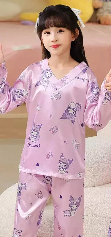 Ice Silk infantil Conjunto de Pijamas de manga curta, Pijamas gola V, Anime Sanrio Kuromi Minha melodia Desenhos animados, Cinnamoroll Menina, Cinnamoroll