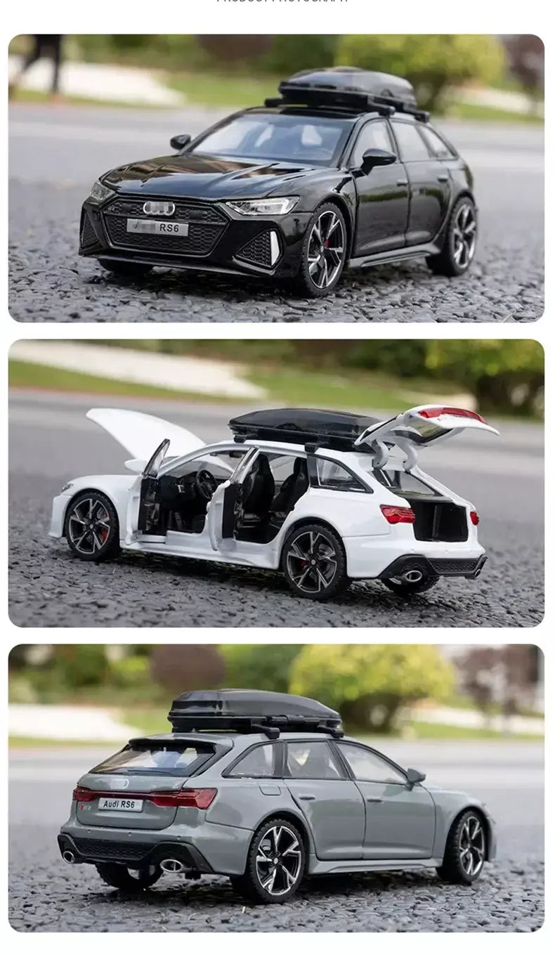 1:32 Audi RS6 Modelo de carro de brinquedo com portas de som e luz, modelo fundido de liga aberta, coleção de veículos para meninos e adultos, presente de festival