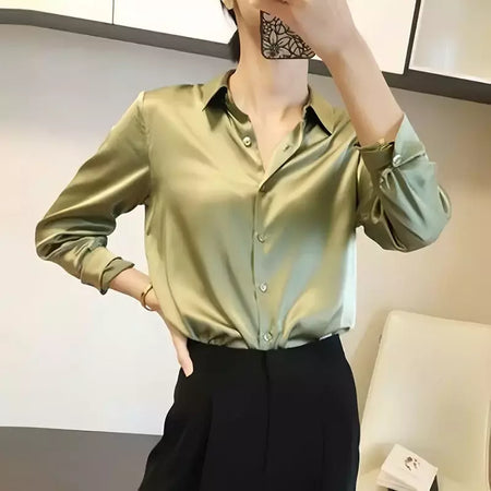 Camisas e blusas femininas com acabamento acetinado, blusa casual, manga comprida, botão, camisas elegantes, roupa francesa, monocromáticas, todos os fósforos, OL