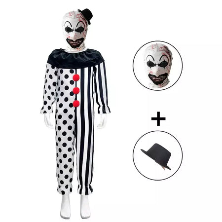 Crianças palhaço cosplay traje de halloween com máscara chapéu terrifier palhaço vestido criança macacão roupas para meninos meninas festa de carnaval