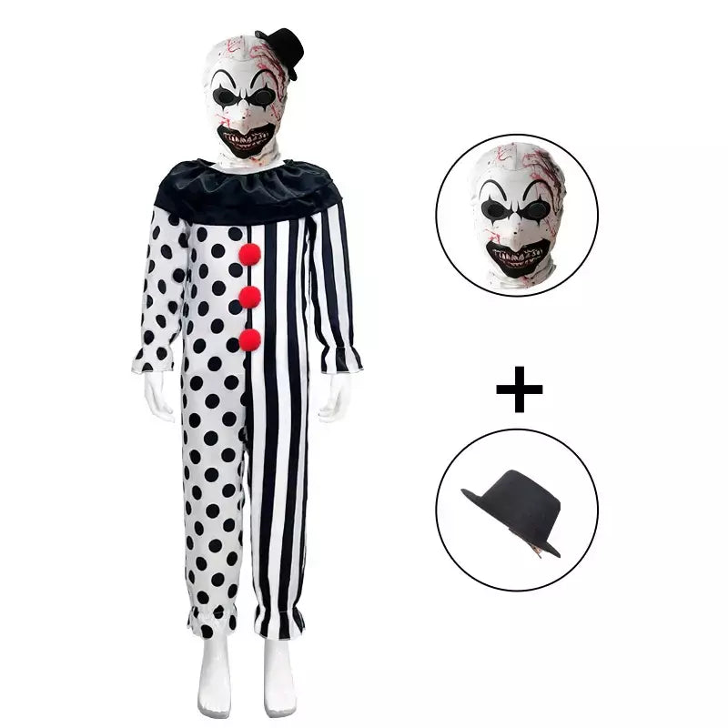Crianças palhaço cosplay traje de halloween com máscara chapéu terrifier palhaço vestido criança macacão roupas para meninos meninas festa de carnaval
