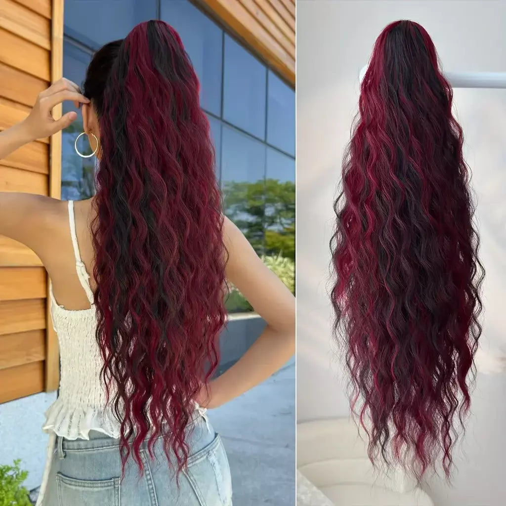 Aoosoo sintético água rabo de cavalo extensão do cabelo clipe no rabo de cavalo da mulher acessórios para o cabelo longo encaracolado peruca natural encaracolado preto