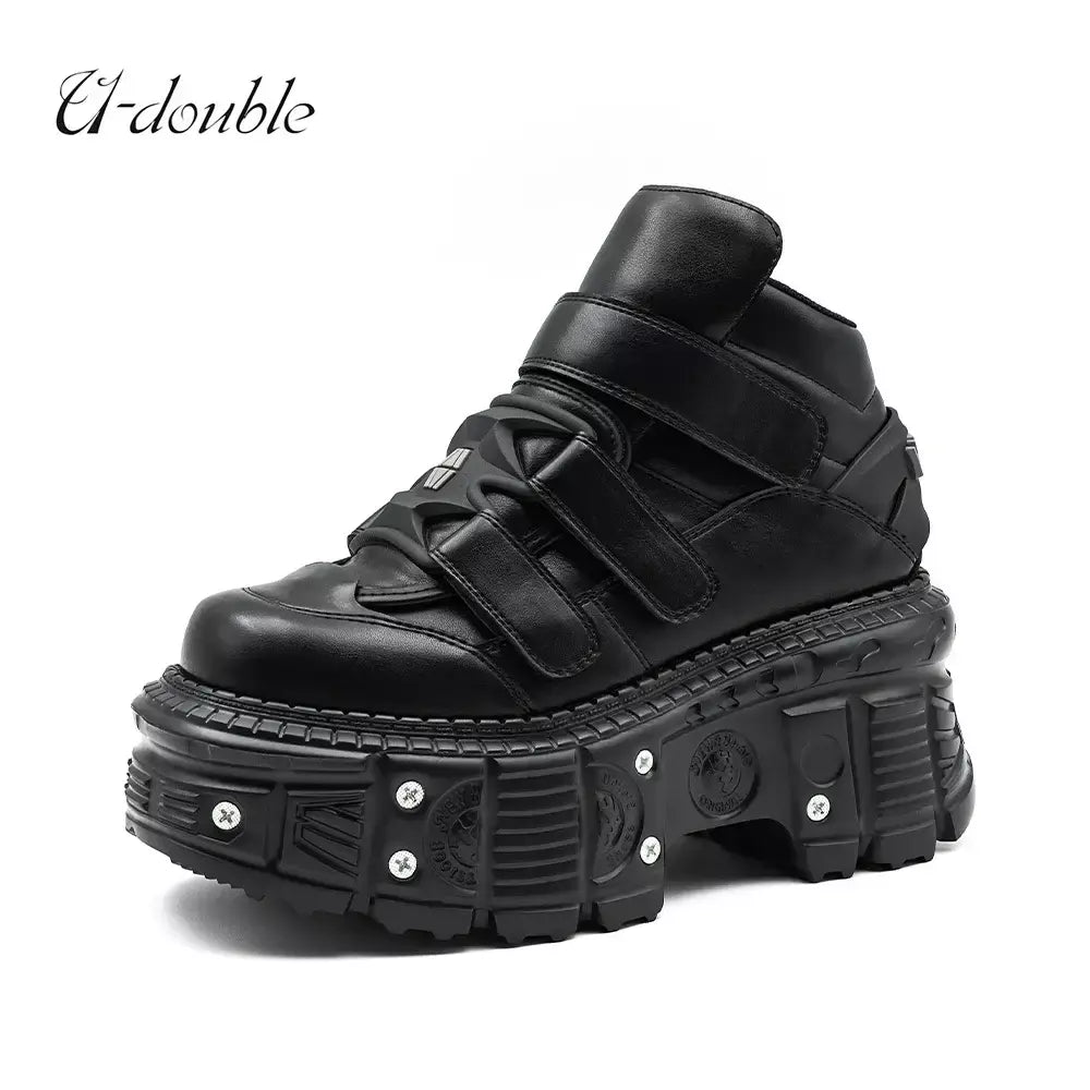 2025 novo estilo punk sapatos femininos rendas altura do salto 6cm sapatos de plataforma mulher decoração de metal mulher tênis gótico tornozelo botas de rock