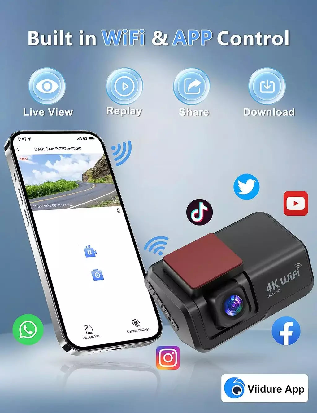 Kocam 4K UHD Dash Cam WiFi Carro DVR Dianteira e Traseira Lente Dupla Câmera Auto para Carro com Visão Noturna 24H Monitor de Estacionamento Caixa Preta