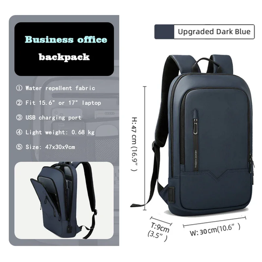 Mochila HK Slim para Homens, Sacos de Laptop, Impermeável, Minimalista, Negócios, Carregamento USB, Casual, Viagem, Trabalho, 15,6";;VERDADEIRO;;"8228-Black