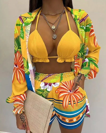 Fato de banho feminino de três peças, moda praia sexy, biquíni de cintura alta, maiô estampado, shorts para cobrir, moda praia de verão, novo 2024