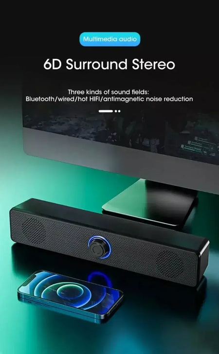 Xikcu sem fio bluetooth e pc soundbar com fio alto-falante alimentado por usb soundbar para tv pc portátil sistema de áudio surround de cinema em casa