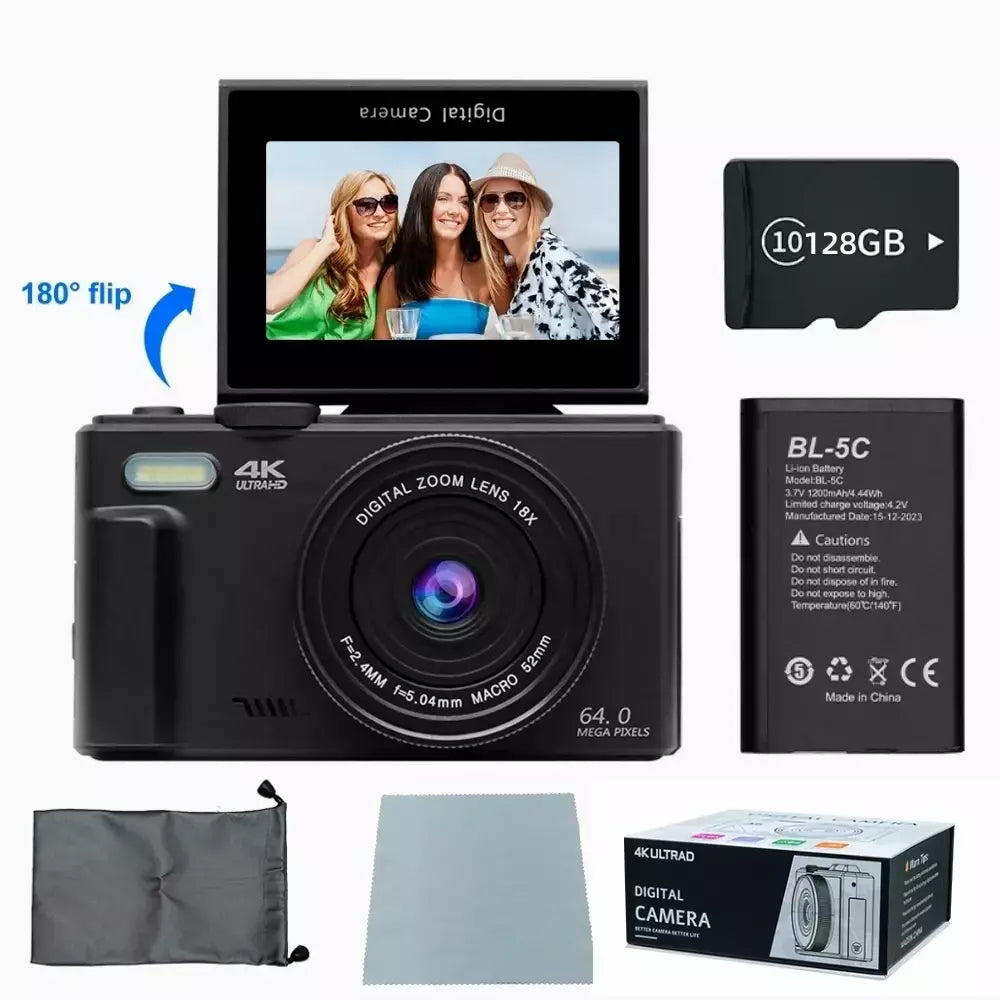 Câmera digital 4K para fotografia e câmera com zoom digital 18X Câmera compacta de vlogging de 64 MP 3 '' 180 ° Tela dobrável com flash