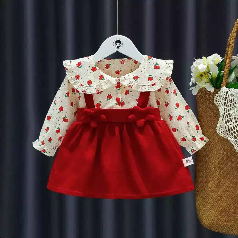 Outono novas meninas recém-nascidas vestido de manga longa dos desenhos animados fragmentado flor lapela bebê vestido de princesa flor cinta vestido