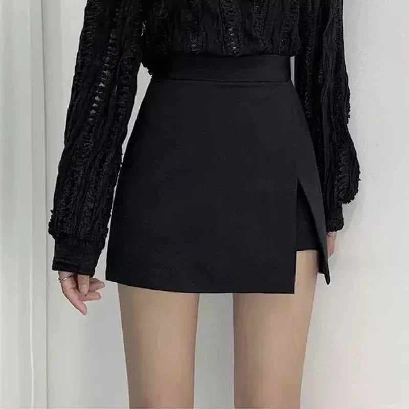 Mini saias pretas femininas, fenda lateral irregular, cintura alta, shorts linha A, saias femininas de verão, envoltório chique do quadril, moda coreana