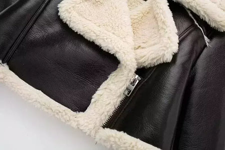 Jaqueta de shearling falso feminina, casaco de pele de carneiro, jaquetas retrô motociclista, tops, inverno