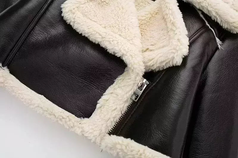 Jaqueta de shearling falso feminina, casaco de pele de carneiro, jaquetas retrô motociclista, tops, inverno