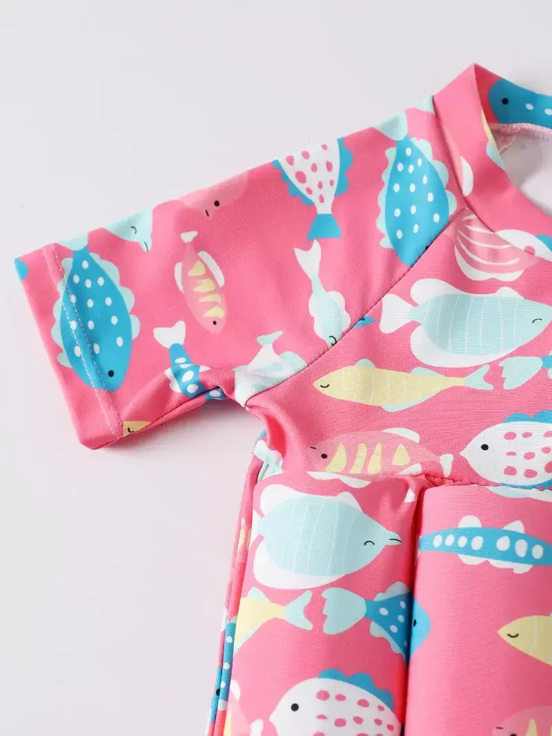 Maiô flutuante para crianças, roupa de banho de uma peça para crianças, flutuante, proteção contra queimaduras, estampa de desenho animado, meninas, meninos, roupas de natação