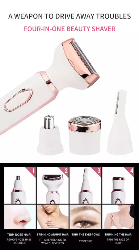 Depilador elétrico indolor para mulheres, biquíni, sobrancelha, nariz, senhora aparador, remoção facial do cabelo, cara, corpo, Shaver fêmea, Depilator, 4 em 1