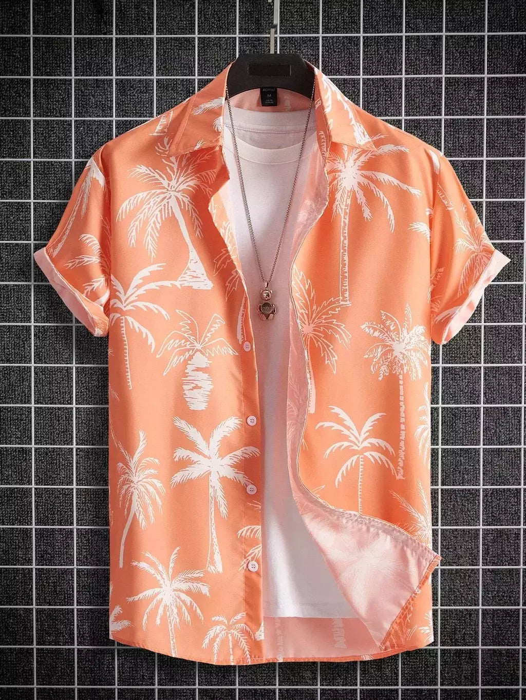 Camisa de lapela masculina de manga curta, estilo havaiano, padrão tropical de coqueiro, tops grandes, férias de verão