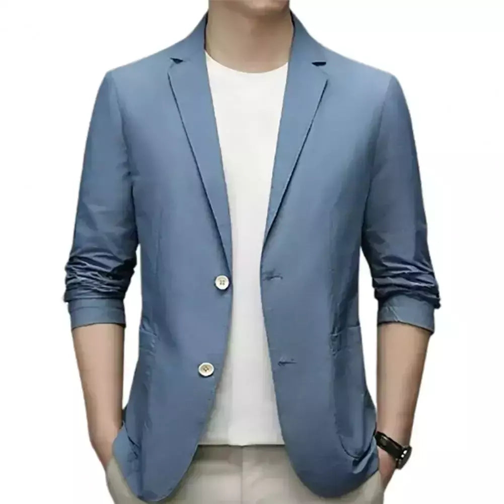 Blazers de negócios monocromáticos masculinos, blazers slim fit, botões duplos, lapela, mangas 3/4, terno de deslocamento, casaco do noivo