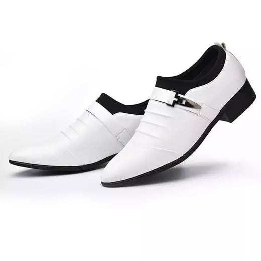 Sapato masculino clássico vestido de couro PU, deslizar, tamanho grande, ponto do dedo do pé, negócios, casual, formal, casamento