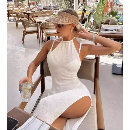 Tecido ver através do vestido maxi, Elegante Halter Beachdress, Sexy Slit Bodycon, Vestido de verão, Beachdress, Ver através, 2022