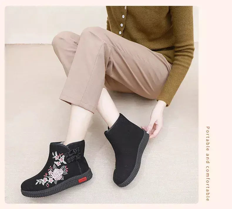 Sapatos de pano de inverno estilo étnico botas mujer sapatos femininos zapatos botas curtas quentes mulher bootie bordado algodão botas femininas