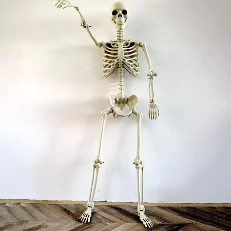 Esqueleto de halloween em tamanho real, esqueleto humano com articulações posáveis, resistente às intempéries, decoração de jardim, adereços fotográficos assustadores para feriados