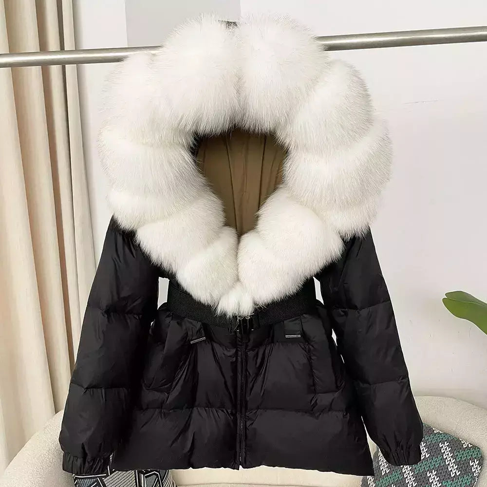 Oftbuy 2024 jaqueta de inverno feminina gola de pele de raposa natural real com capuz grosso quente 90% pato branco para baixo casaco feminino streetwear casual