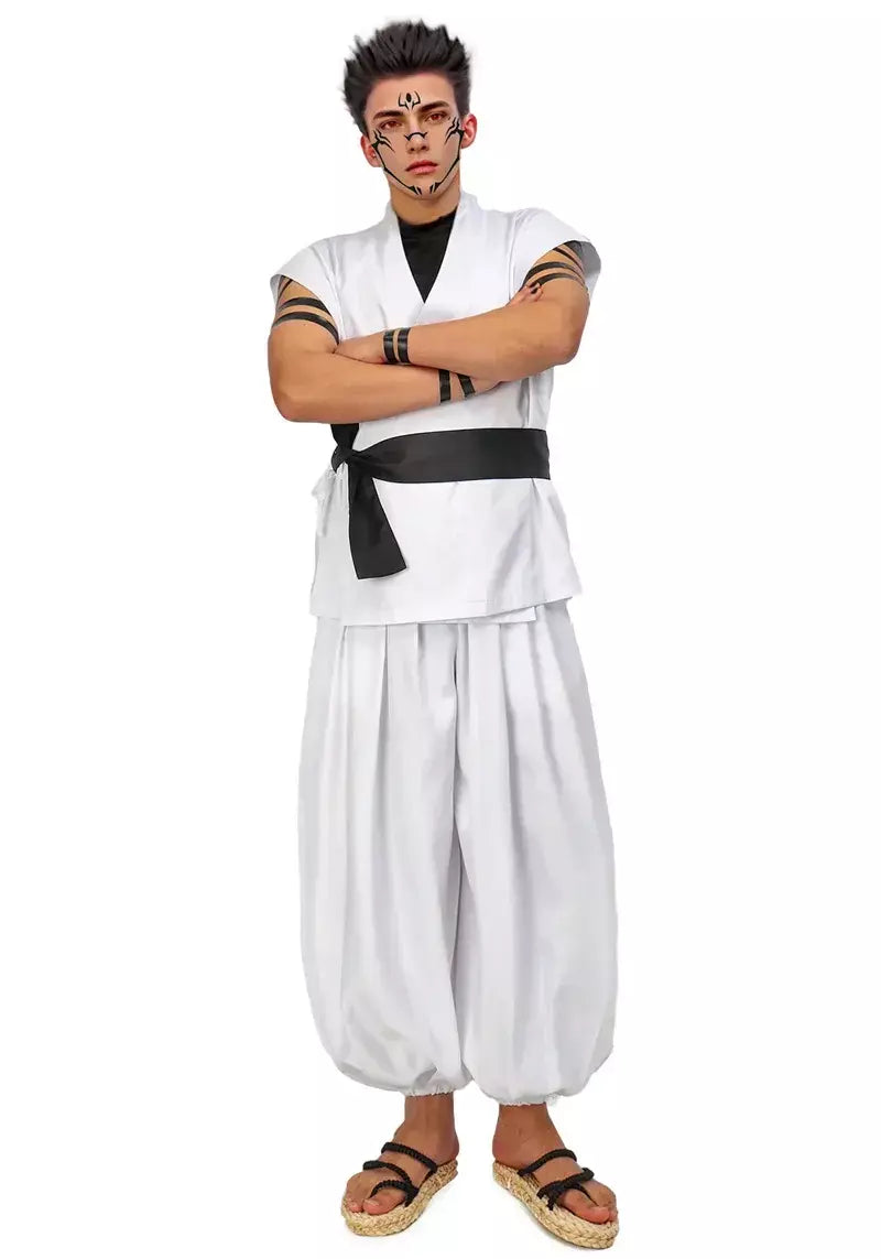 Dazcos ryomen sukuna traje branco kung fu terno com adesivos de tatuagem ryomen sukuna como megumi showdown cosplay traje conjunto completo