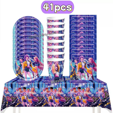Conjunto de talheres para decoração de festa de aniversário, caçadores de demônios, copo, prato, guardanapo, banner, balão, meninas, coreano, kpop, anime, suprimentos de festa, decoração