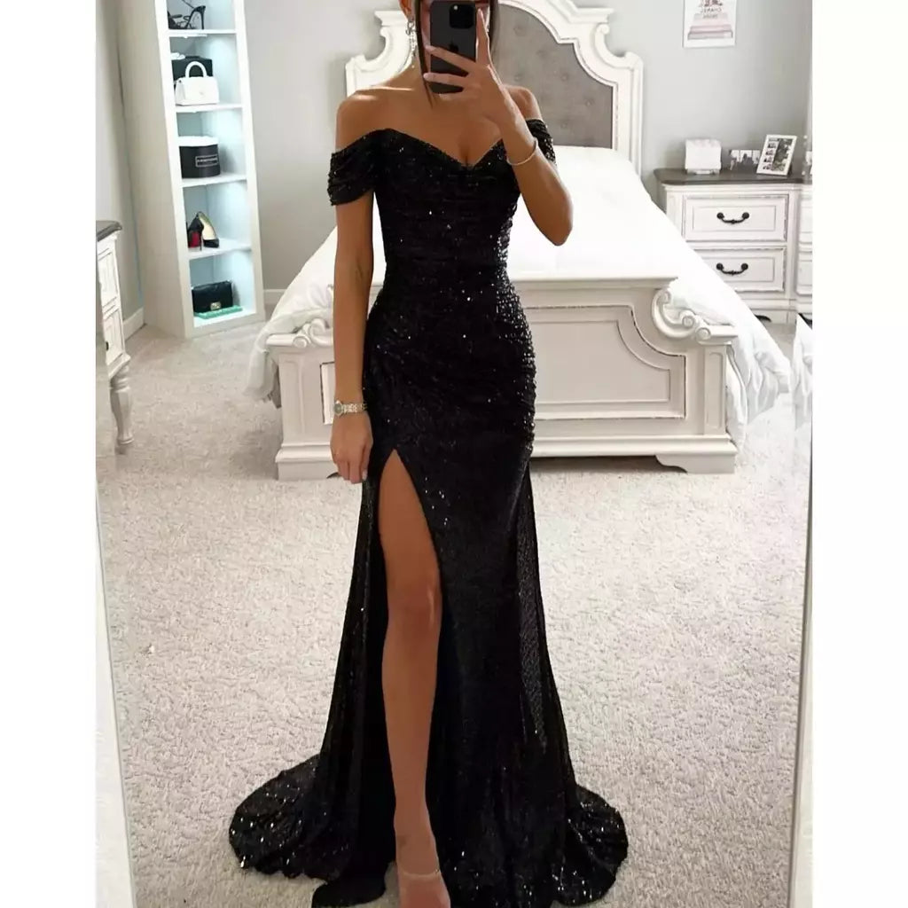 Vestido Dividido de Pescoço Uma Linha Feminino, Lantejoulas, Dividido, Versátil, Elegante, Charme, Emagrecedor, Festa, INS, Emagrecimento, S-XL Size, Novo