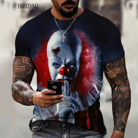 Camiseta masculina de manga curta, solta e casual, com padrão de palhaço aterrorizante, impressa em 3D, tamanho grande 6XL, verão
