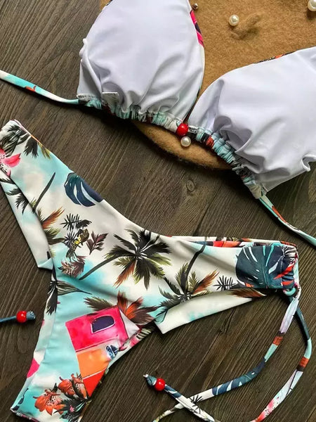 OIINAA-maiô sexy para mulheres, moda praia estampa halter, conjunto de biquíni com renda, maiô verão, moda praia sexy com cordão, 2 peças